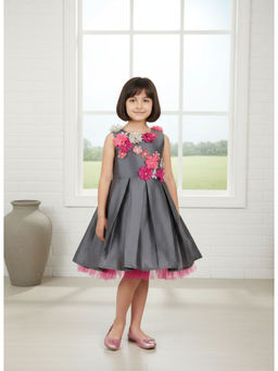 A Little Fable - Grey Polyester Sleeveless Round Neck Dress