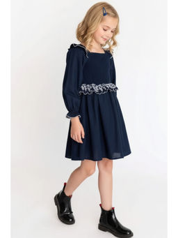 A Little Fable - Navy Blue Cotton Linen Full Sleeves Square Neck Dress