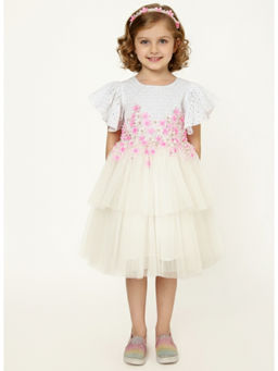 A Little Fable - White Polyester Ruffled Sleeves Round Neck Dress