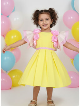 A Little Fable - Yellow Polyester Ruffled Sleeves Round Neck Dress