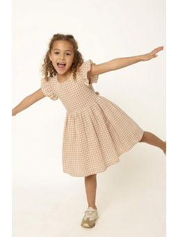 A Little Fable - Beige Cotton Ruffled Sleeves Round Neck Dress