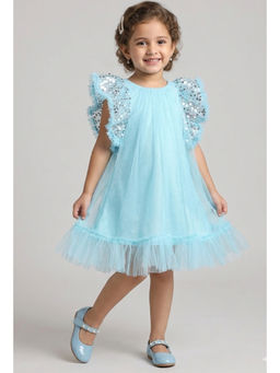 A Little Fable - Blue Polyester Ruffled Sleeves Round Neck Dress
