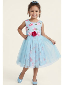 A Little Fable - Blue Polyester Sleeveless Round Neck Dress