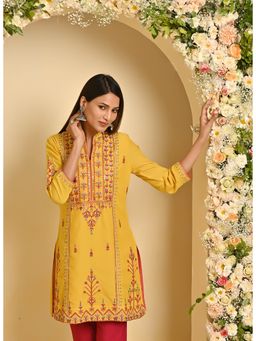 Lakshita - Mustard Embroidered Thigh Length Kurti With Three Fourth Sleeves Sleeves