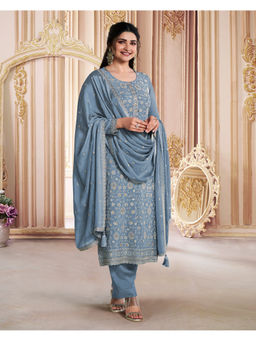 Seerat - Blue Embroidery Chiffon Straight Kurta with Pant and Embroidery Dupatta (Set of 3)