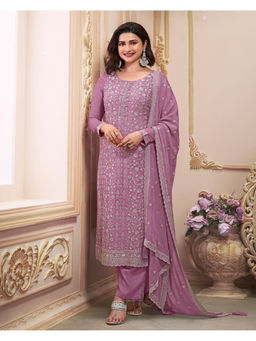 Seerat - Lavender Embroidery Chiffon Straight Kurta with Pant & Embroidery Dupatta (Set of 3)