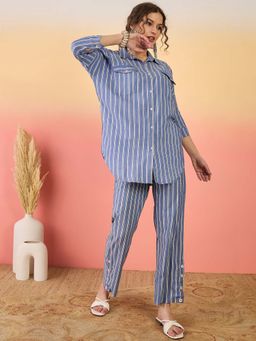 Stylum - Women Blue Striped Printed Cotton Blend Co-Ord Set