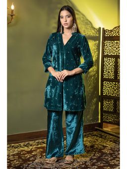 Urban Sundari - Women Ethnic Motifs Embroidered Regular Sequinned Teal Co-Ord Set