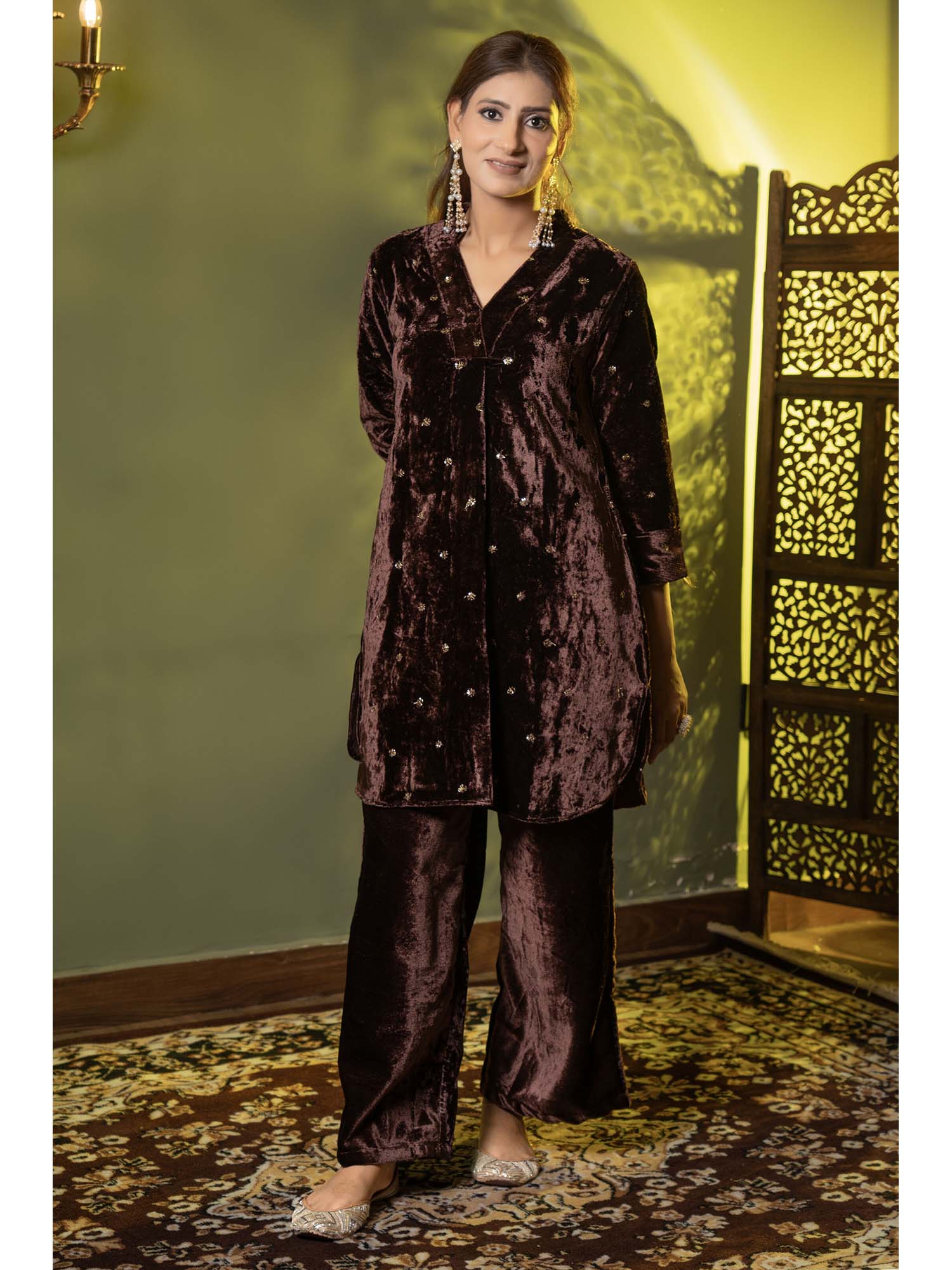 urban sundari Women Ethnic Motifs Embroidered Regular Sequinned Wine Co-Ord Set-picture-10