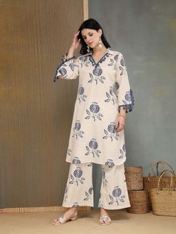 Stylum - Women Blue Printed Cotton Straight Kurta with Palazzo