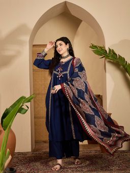Stylum - Women Blue Rayon A-Line Kurta With Palazzo & Dupatta