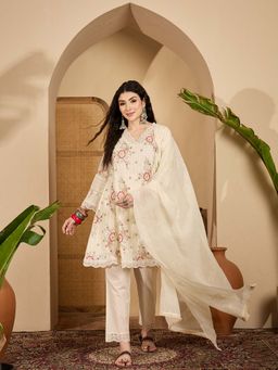 Stylum - Women Cream Embroidered Cotton Blend A-Line Kurta With Pant & Dupatta