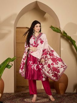 Stylum - Women Pink Floral Printed Chinon Straight Kurta With Pant & Dupatta