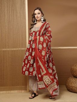 Stylum - Women Red Ajrakh Printed Cotton A-Line Kurta With Palazzo & Dupatta