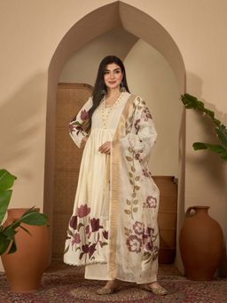 Stylum - Women Cream Floral Printed Rayon Flared Kurta With Palazzo & Dupatta