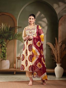 Stylum - Women Wine Bandhej Printed A-Line Kurta With Pant & Dupatta