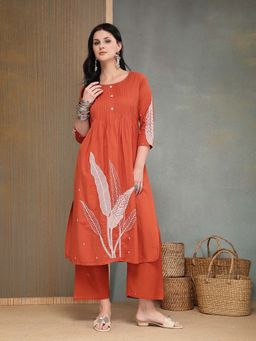 Stylum - Women Orange Embroidered Cotton A-Line Kurta With Pant