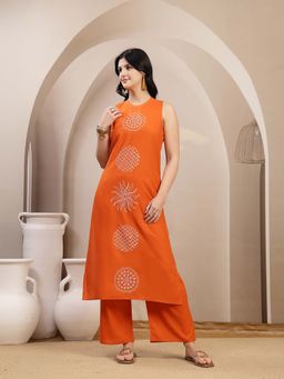 Stylum - Women Orange Embroidered Rayon Straight Co-Ord Set