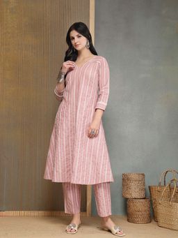 Stylum - Women Pink Striped Printed Katha Cotton A-Line Kurta With Pant