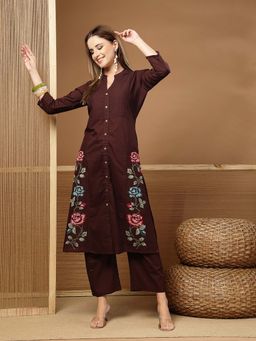Stylum - Women Wine Embroidered Cotton A-Line Kurta With Pant