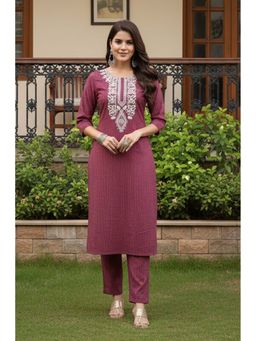 Stylum - Women Wine Embroidered Kantha Cotton Straight Co-Ord Set