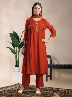 FASHOR - Mirror Work A-Line Kurta With Pant & Dupatta