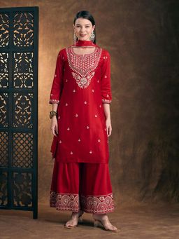FASHOR - Ethnic Embroidered Straight Kurta With Palazzo & Dupatta