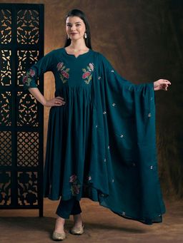 FASHOR - Embroidered A-Line Pleated Kurta With Pant & Dupatta