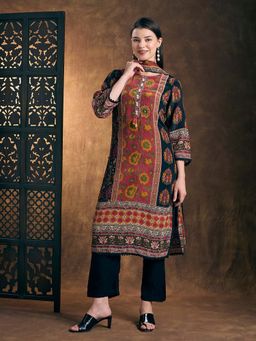 FASHOR - Ethnic Ikat Printed Straight Kurta With Pant & Dupatta