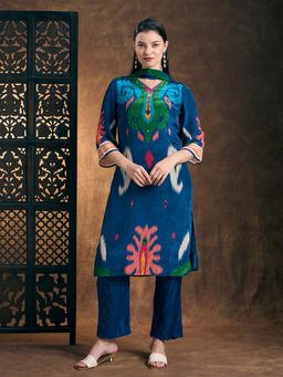 FASHOR - Ethnic Ikat Printed Straight Fit Kurta With Pant & Dupatta
