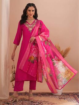 FASHOR - Floral Embroidered Straight Kurta With Pant & Dupatta