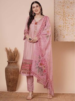 FASHOR - Floral Printed and Embroidered Straight Kurta With Pant & Dupatta