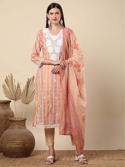 FASHOR - Ethnic Floral and Printed and Embroidered Straight Fit Kurta With Pant & Dupatta