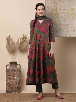 FASHOR - Ethnic Floral Printed and Embroidered Anarkali Flared Kurta With Pant & Dupatta