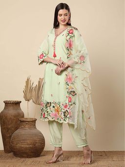 FASHOR - Floral Embroidered Straight Cut Kurta with Pant & Organza Dupatta