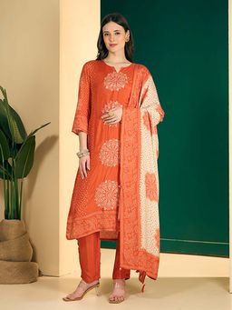 FASHOR - Bandhani Printed Mirror Work Straight Kurta With Pant & Dupatta