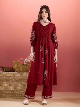 FASHOR - Floral Embroidered A-Line Pleated Kurta with Palazzo & Dupatta