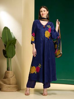 FASHOR - Ethnic Floral Embroidered Anarkali Flared Kurta With Pant & Dupatta