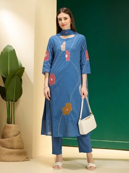 FASHOR - Floral Embroidered A-line Kurta With Pant & Dupatta
