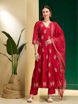 FASHOR - Paisley Embroidered Anarkali Kurta With Pant & Dupatta
