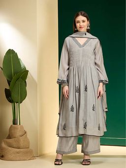 FASHOR - Embroidered A-Line Pleated Kurta With Palazzo & Dupatta