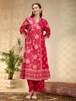 FASHOR - Ethnic Floral Printed Embroidered Anarkali Kurta With Palazzo & Dupatta