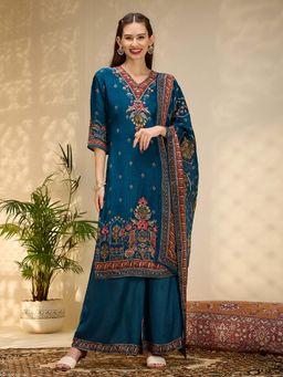FASHOR - Ethnic Printed & Embroidered Straight Kurta With Palazzo & Dupatta