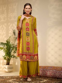 FASHOR - Ethnic Floral Printed & Embroidered Straight Fit Kurta With Palazzo & Dupatta