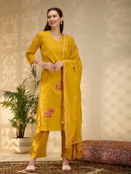FASHOR - Elephant Work Embroidered Straight Kurta With Palazzo & Dupatta