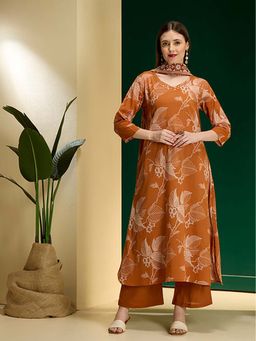 FASHOR - Ethnic Floral Printed A-Line Kurta With Palazzo & Dupatta