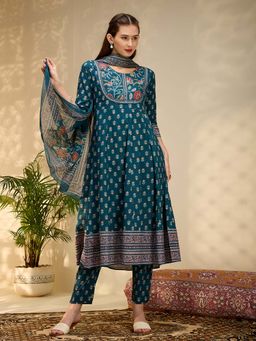 FASHOR - Ethnic Floral Printed and Embroidered Anarkali Kurta With Pant & Dupatta