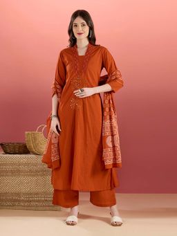FASHOR - Mirror Embroidered A-Line Kurta With Palazzo & Dupatta
