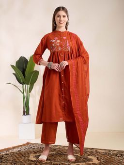 FASHOR - Embroidered A-Line Pleated Rust Kurta With Pant & Dupatta