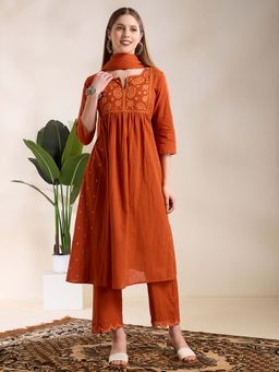 FASHOR - Embroidered A-Line Pleated Kurta With Pant & Dupatta